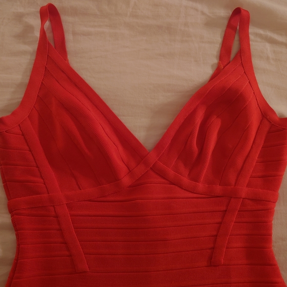 Coral Poppy HERVE LEGER v-neck Scarlett Mini Bandage Dress S Sexy Bodycon Short - Picture 5 of 13